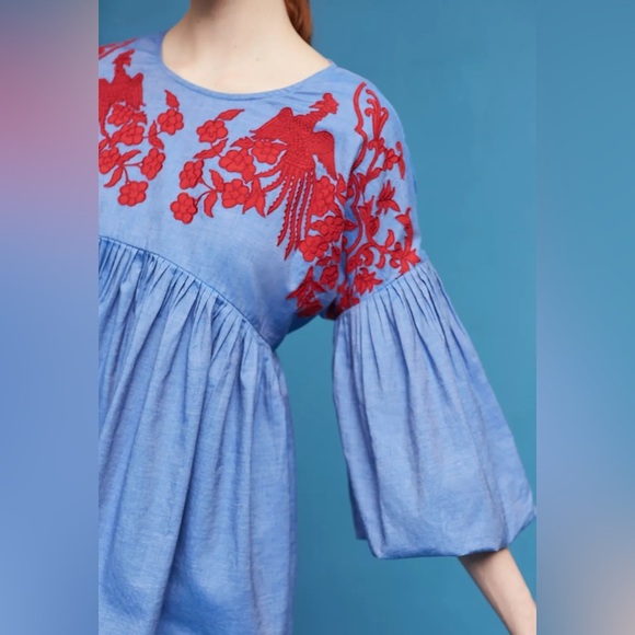 Hemant & Nandita Lianna Bubble Sleeve Embroidered Top Red Blue XS - Picture 4 of 7